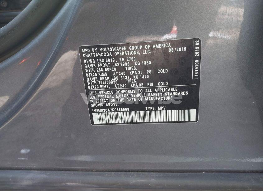 Photo 9 of 2019 Volkswagen Atlas 3.6L V6 SEL (VIN 1V2MR2CA7KC556958)