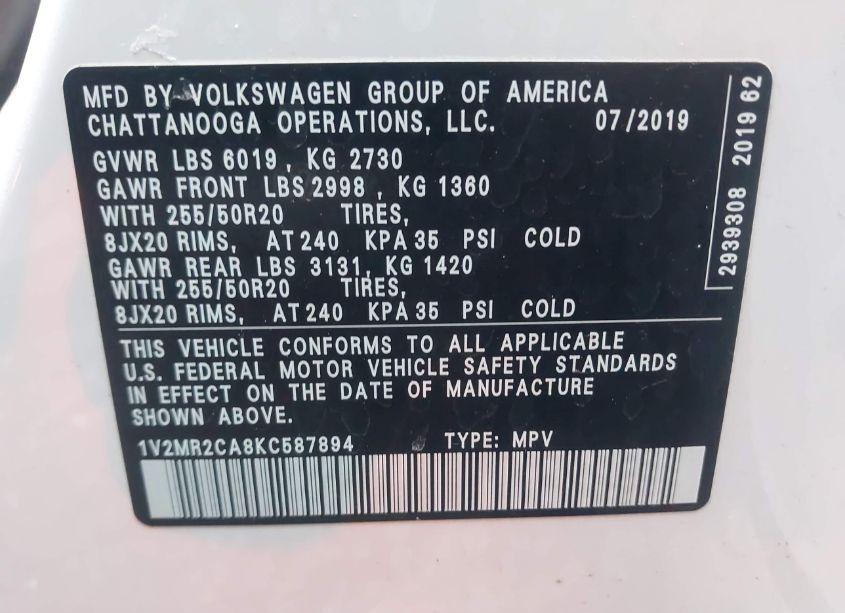 Photo 9 of 2019 Volkswagen Atlas 3.6L V6 SEL (VIN 1V2MR2CA8KC587894)