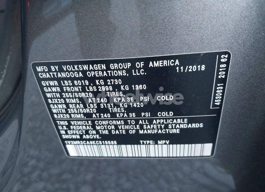 Photo 9 of 2019 Volkswagen Atlas 3.6L V6 SEL (VIN 1V2MR2CA9KC515585)