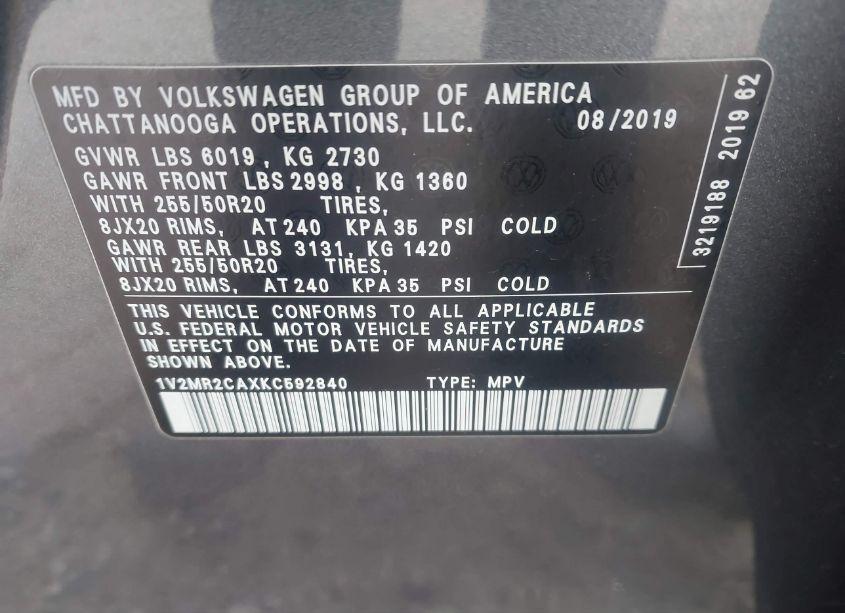 Photo 9 of 2019 Volkswagen Atlas 3.6L V6 SEL (VIN 1V2MR2CAXKC592840)