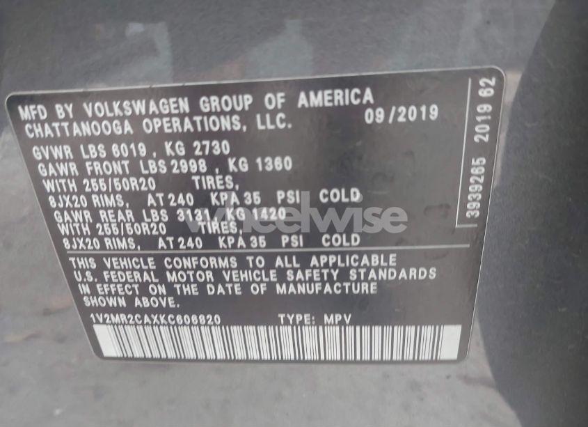 Photo 9 of 2019 Volkswagen Atlas 3.6L V6 SEL (VIN 1V2MR2CAXKC606820)