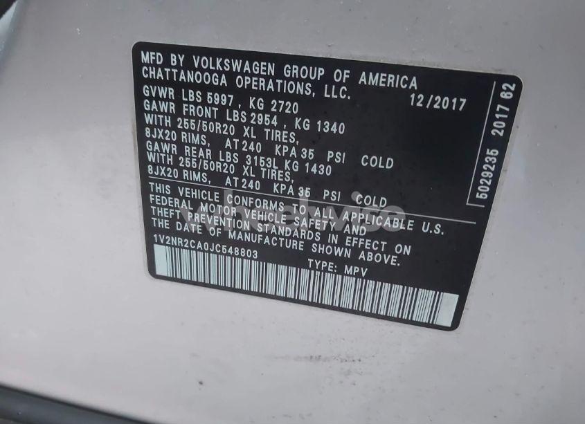 Photo 9 of 2018 Volkswagen Atlas 3.6L V6 SEL PREMIUM (VIN 1V2NR2CA0JC548803)
