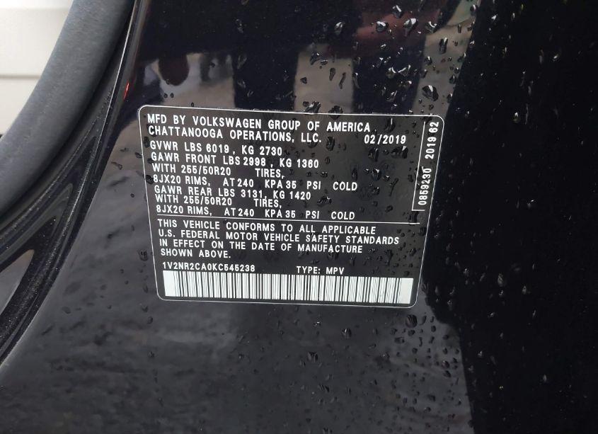Photo 9 of 2019 Volkswagen Atlas 3.6L V6 SEL PREMIUM (VIN 1V2NR2CA0KC545238)