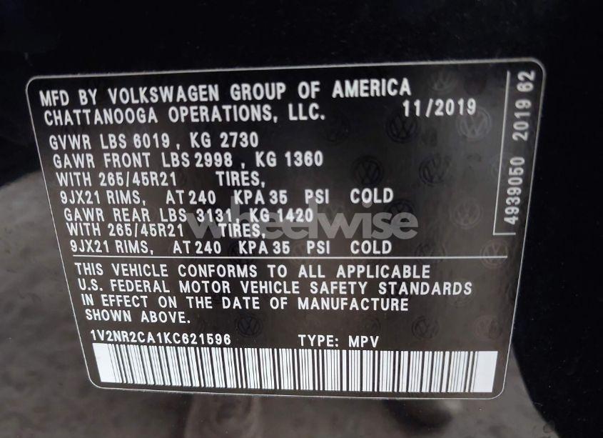 Photo 9 of 2019 Volkswagen Atlas 3.6L V6 SEL PREMIUM (VIN 1V2NR2CA1KC621596)