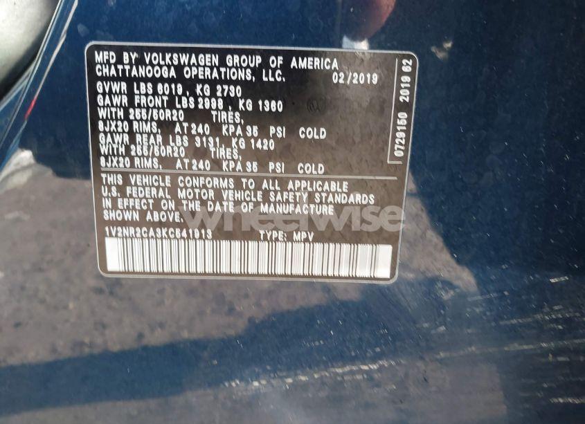 Photo 9 of 2019 Volkswagen Atlas 3.6L V6 SEL PREMIUM (VIN 1V2NR2CA3KC541913)