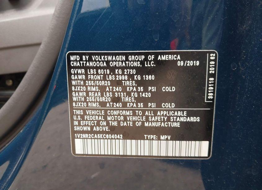 Photo 9 of 2019 Volkswagen Atlas 3.6L V6 SEL PREMIUM (VIN 1V2NR2CA5KC604042)