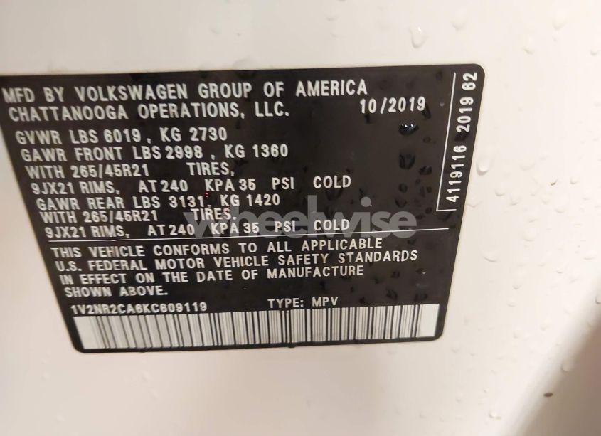 Photo 9 of 2019 Volkswagen Atlas 3.6L V6 SEL PREMIUM (VIN 1V2NR2CA6KC609119)
