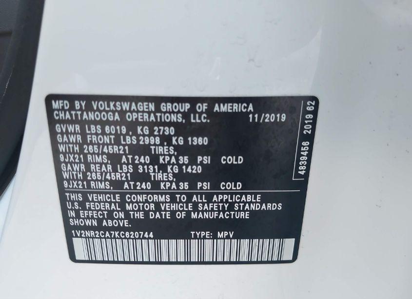 Photo 9 of 2019 Volkswagen Atlas 3.6L V6 SEL PREMIUM (VIN 1V2NR2CA7KC620744)