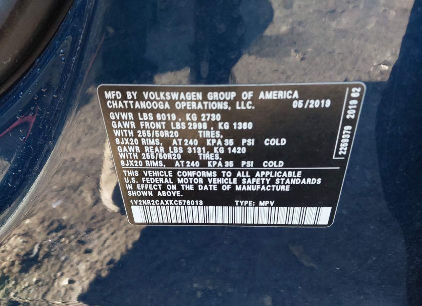 Photo 9 of 2019 Volkswagen Atlas 3.6L V6 SEL PREMIUM (VIN 1V2NR2CAXKC576013)