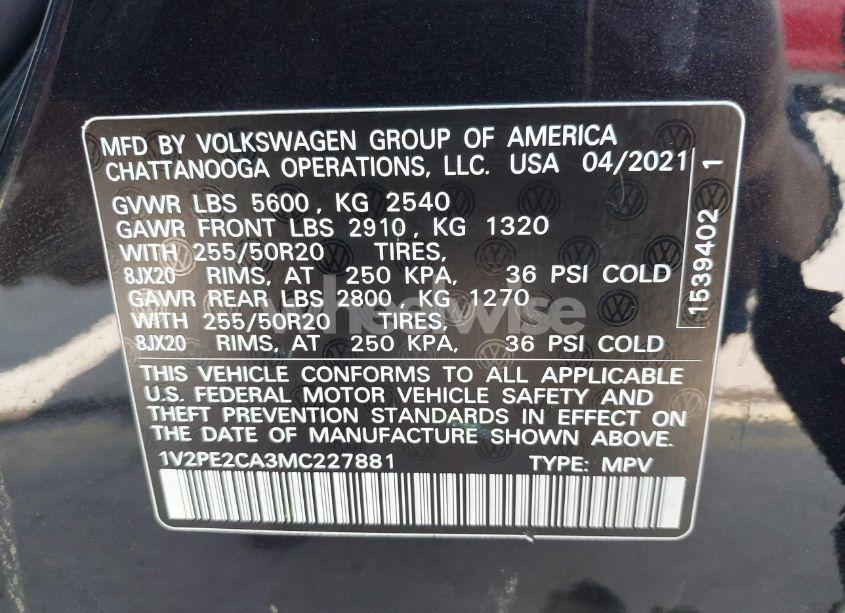 Photo 9 of 2021 Volkswagen Atlas CROSS SPORT 3.6L V6 SE W/TECHNOLOGY R-LINE (VIN 1V2PE2CA3MC227881)