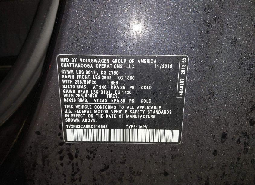 Photo 9 of 2019 Volkswagen Atlas 3.6L V6 SEL R-LINE (VIN 1V2RR2CA8KC616669)