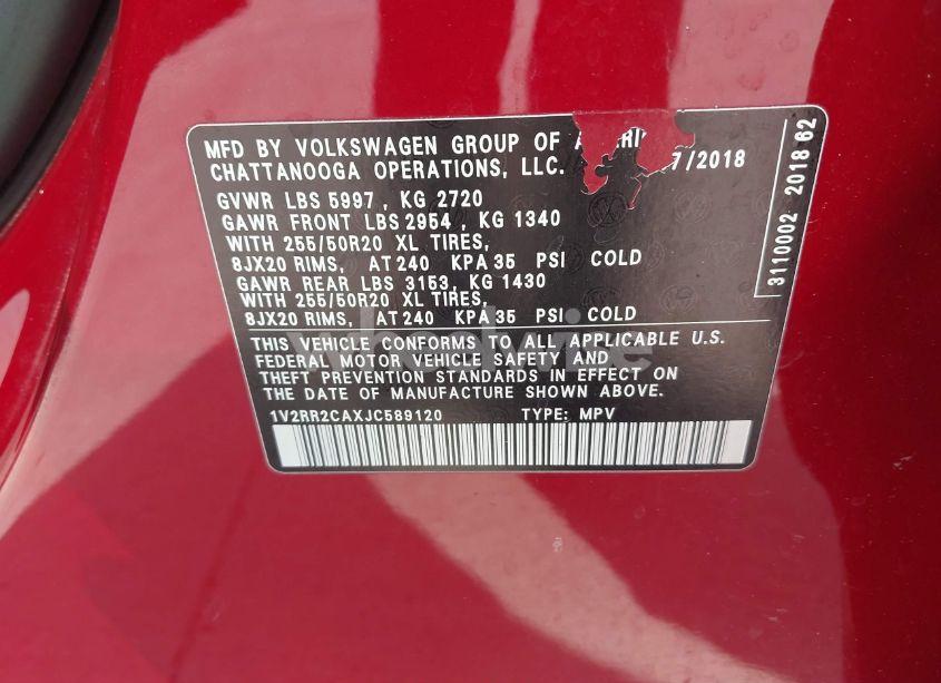 Photo 9 of 2018 Volkswagen Atlas 3.6L V6 SEL (VIN 1V2RR2CAXJC589120)