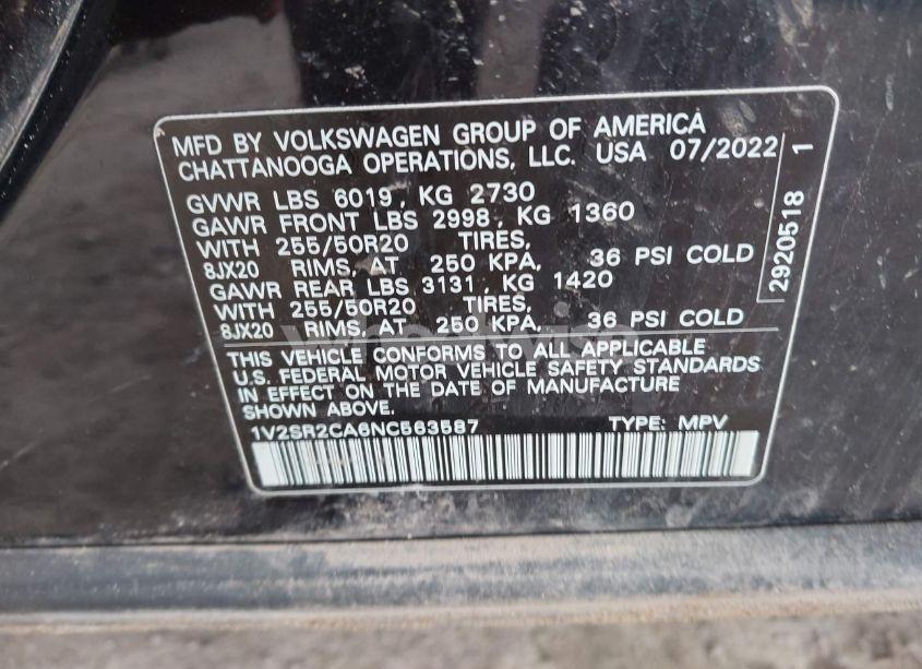 Photo 9 of 2022 Volkswagen Atlas 3.6L V6 SEL R-LINE BLACK (VIN 1V2SR2CA6NC563587)