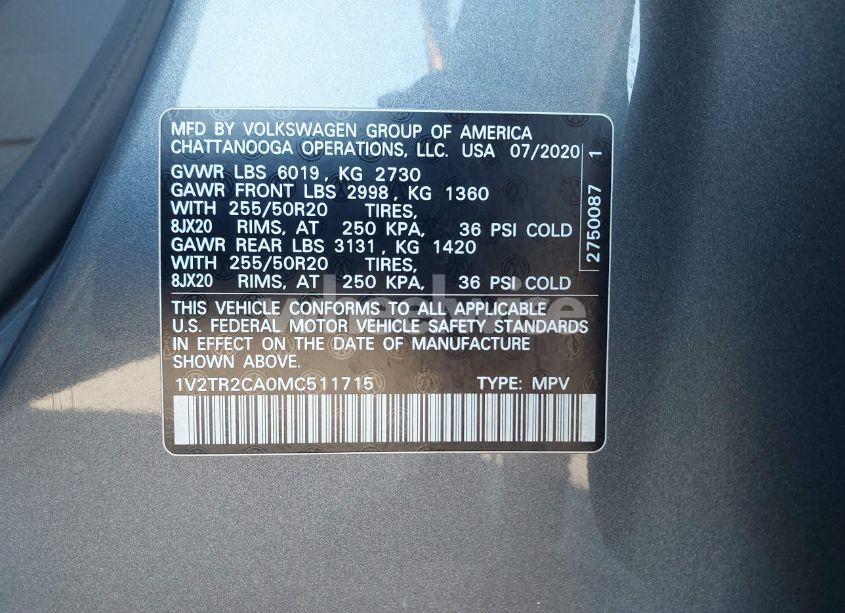 Photo 9 of 2021 Volkswagen Atlas 3.6L V6 SEL PREMIUM (VIN 1V2TR2CA0MC511715)