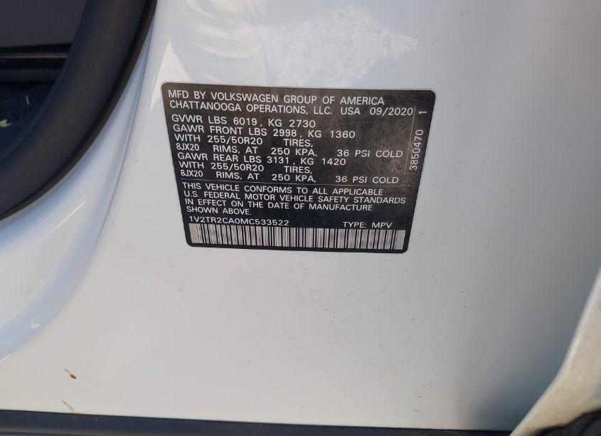 Photo 9 of 2021 Volkswagen Atlas 3.6L V6 SEL PREMIUM (VIN 1V2TR2CA0MC533522)
