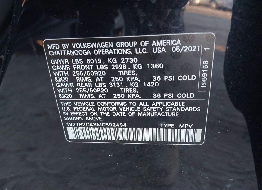 Photo 9 of 2021 Volkswagen Atlas 3.6L V6 SEL PREMIUM (VIN 1V2TR2CA8MC592494)