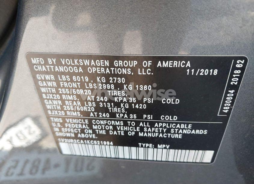 Photo 9 of 2019 Volkswagen Atlas 3.6L V6 SE W/TECHNOLOGY (VIN 1V2UR2CA1KC521994)