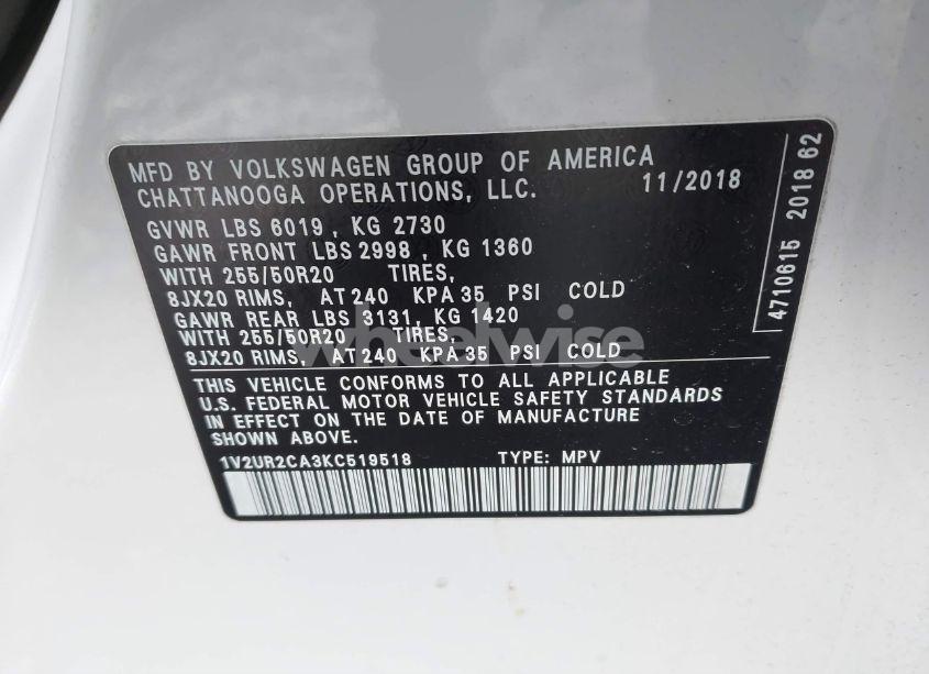 Photo 9 of 2019 Volkswagen Atlas 3.6L V6 SE W/TECHNOLOGY (VIN 1V2UR2CA3KC519518)