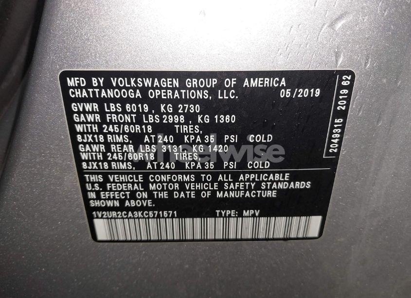 Photo 9 of 2019 Volkswagen Atlas 3.6L V6 SE W/TECHNOLOGY (VIN 1V2UR2CA3KC571571)