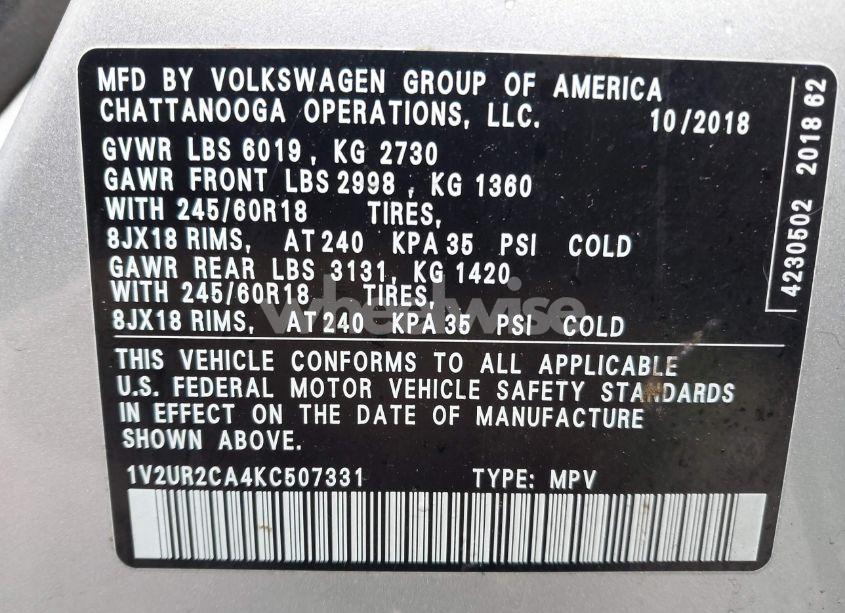 Photo 9 of 2019 Volkswagen Atlas 3.6L V6 SE W/TECHNOLOGY (VIN 1V2UR2CA4KC507331)