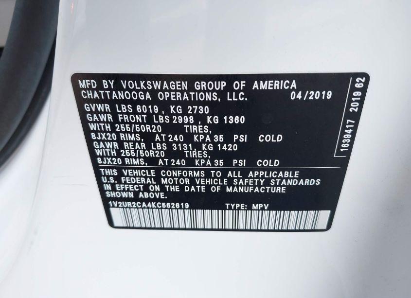 Photo 9 of 2019 Volkswagen Atlas 3.6L V6 SE W/TECHNOLOGY (VIN 1V2UR2CA4KC562619)