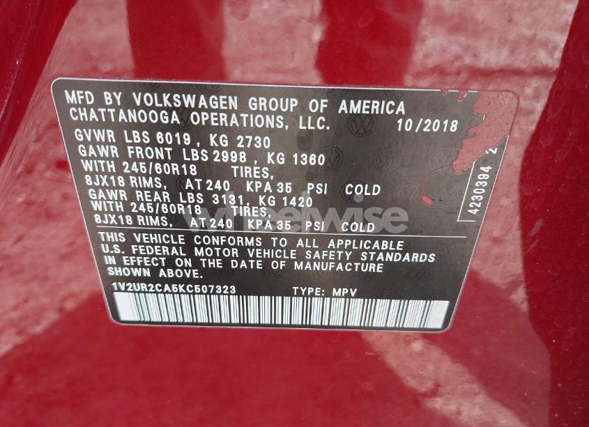 Photo 9 of 2019 Volkswagen Atlas 3.6L V6 SE W/TECHNOLOGY (VIN 1V2UR2CA5KC507323)