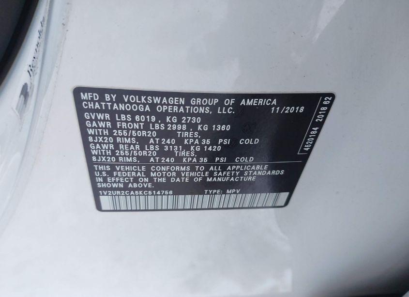 Photo 9 of 2019 Volkswagen Atlas 3.6L V6 SE W/TECHNOLOGY (VIN 1V2UR2CA5KC514756)