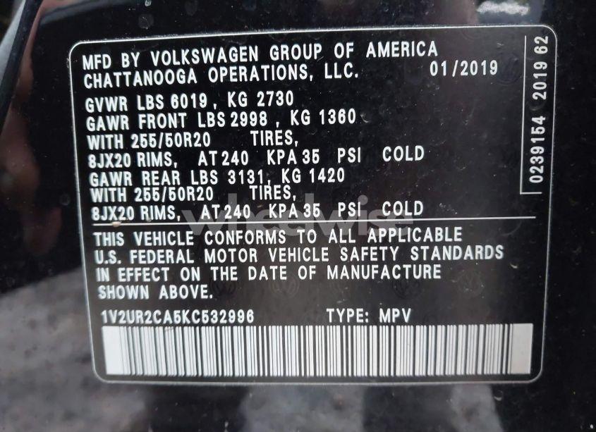 Photo 9 of 2019 Volkswagen Atlas 3.6L V6 SE W/TECHNOLOGY (VIN 1V2UR2CA5KC532996)