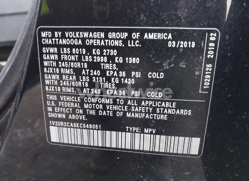 Photo 9 of 2019 Volkswagen Atlas 3.6L V6 SE W/TECHNOLOGY (VIN 1V2UR2CA5KC548051)