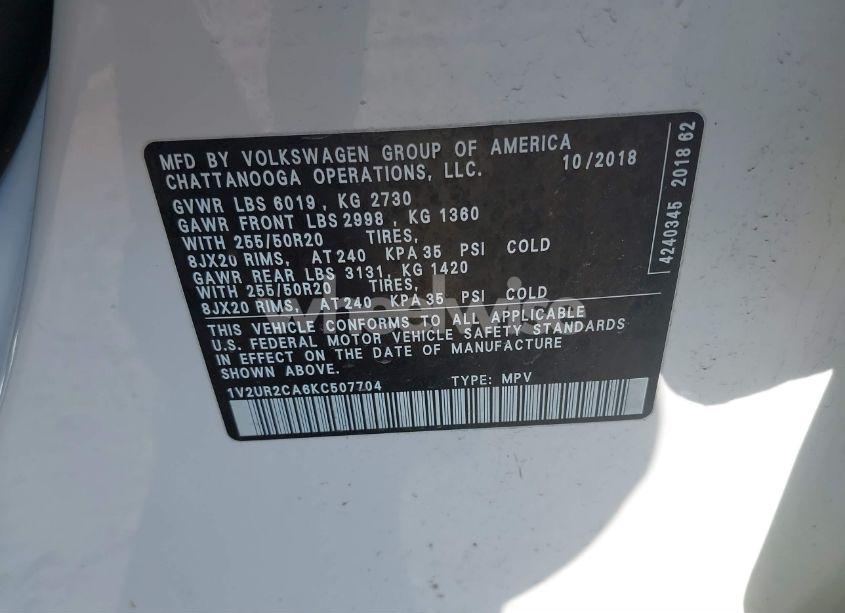 Photo 9 of 2019 Volkswagen Atlas 3.6L V6 SE W/TECHNOLOGY (VIN 1V2UR2CA6KC507704)