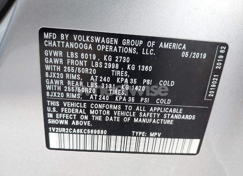 Photo 9 of 2019 Volkswagen Atlas 3.6L V6 SE W/TECHNOLOGY (VIN 1V2UR2CA6KC569880)