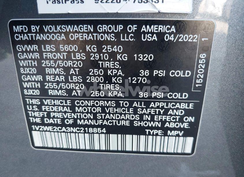 Photo 9 of 2022 Volkswagen Atlas CROSS SPORT 3.6L V6 SE W/TECHNOLOGY (VIN 1V2WE2CA3NC218854)