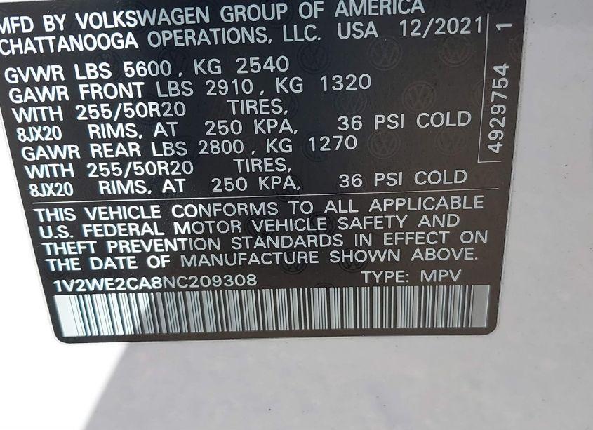 Photo 9 of 2022 Volkswagen Atlas CROSS SPORT 3.6L V6 SE W/TECHNOLOGY (VIN 1V2WE2CA8NC209308)