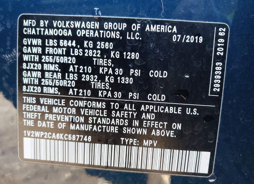 Photo 9 of 2019 Volkswagen Atlas 2.0T SE W/TECHNOLOGY (VIN 1V2WP2CA6KC587746)