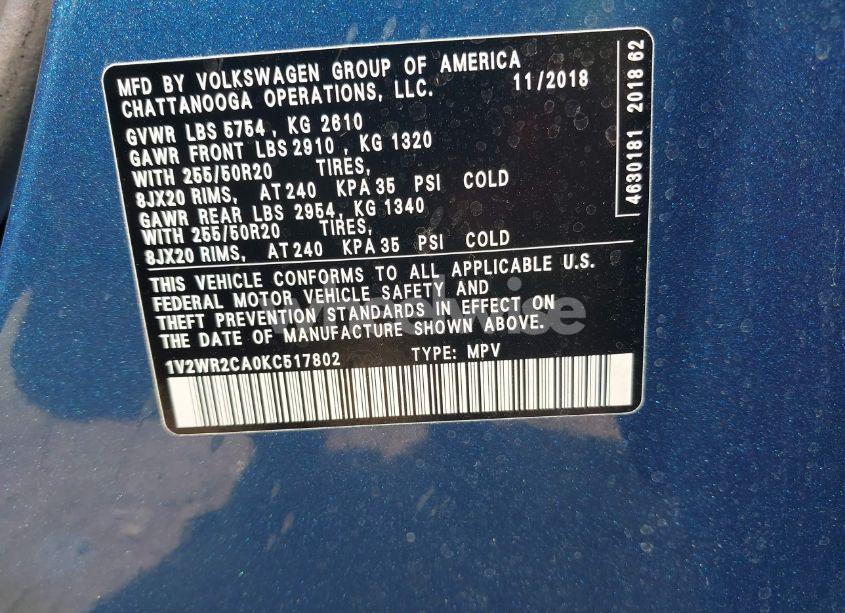 Photo 9 of 2019 Volkswagen Atlas 3.6L V6 SE W/TECHNOLOGY (VIN 1V2WR2CA0KC517802)