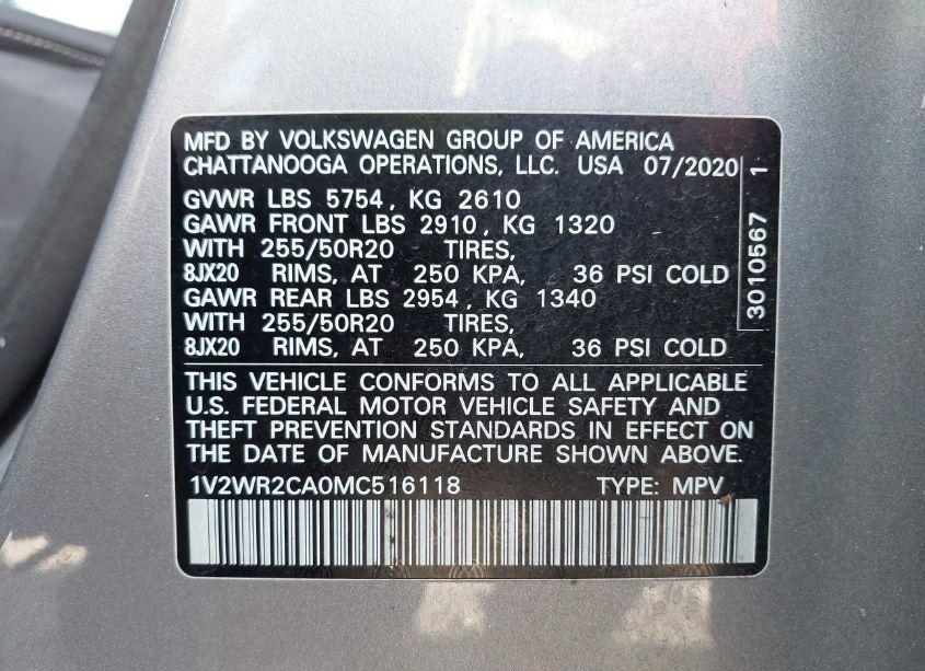 Photo 9 of 2021 Volkswagen Atlas 3.6L V6 SE W/TECHNOLOGY (VIN 1V2WR2CA0MC516118)