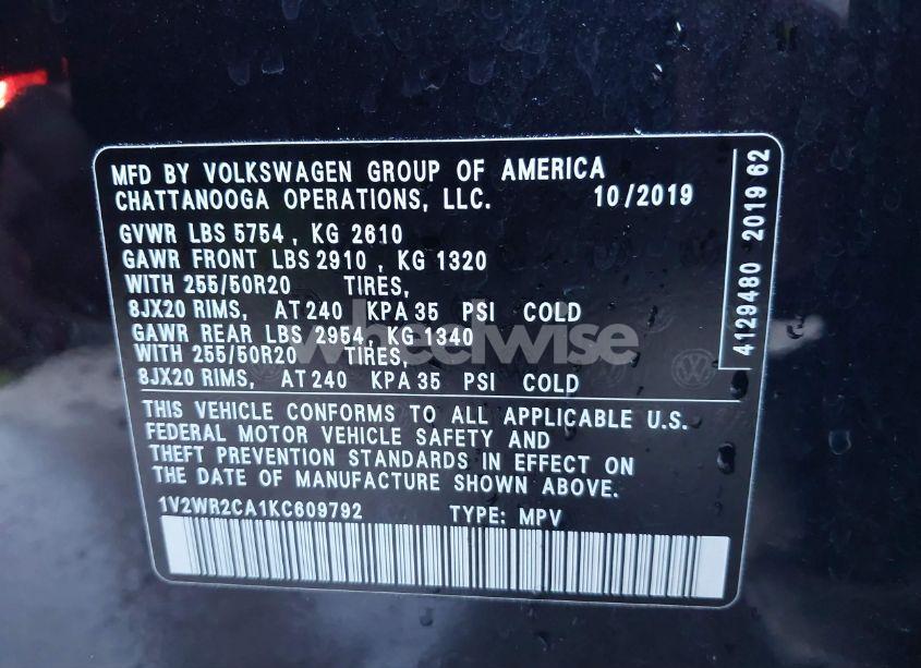 Photo 9 of 2019 Volkswagen Atlas 3.6L V6 SE W/TECHNOLOGY (VIN 1V2WR2CA1KC609792)