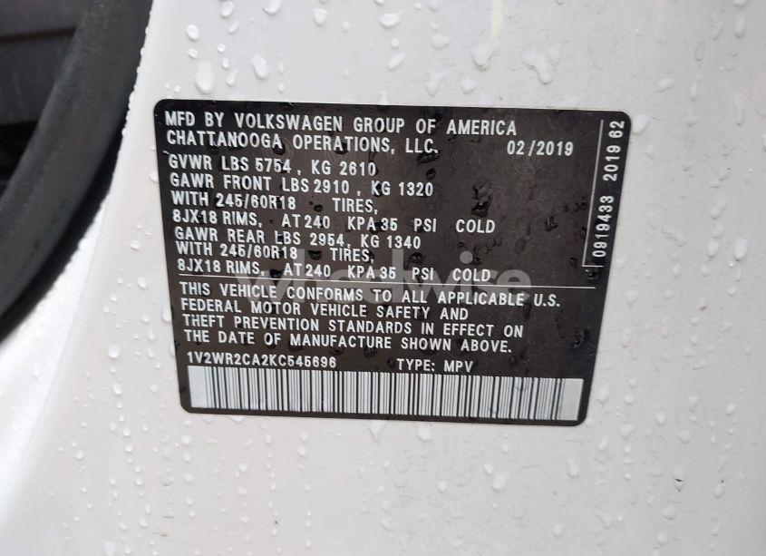 Photo 9 of 2019 Volkswagen Atlas 3.6L V6 SE W/TECHNOLOGY (VIN 1V2WR2CA2KC545696)