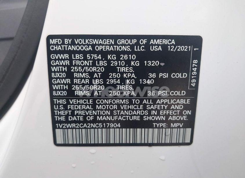 Photo 9 of 2022 Volkswagen Atlas 3.6L V6 SE W/TECHNOLOGY (VIN 1V2WR2CA2NC517904)
