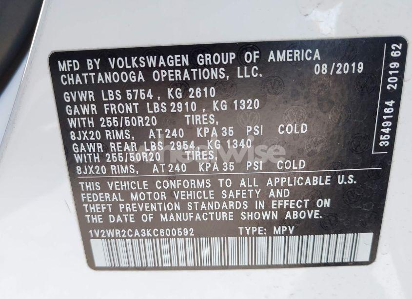 Photo 9 of 2019 Volkswagen Atlas 3.6L V6 SE W/TECHNOLOGY (VIN 1V2WR2CA3KC600592)