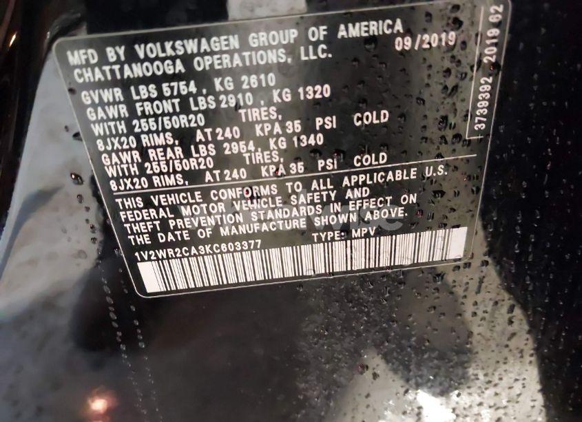 Photo 9 of 2019 Volkswagen Atlas 3.6L V6 SE W/TECHNOLOGY (VIN 1V2WR2CA3KC603377)