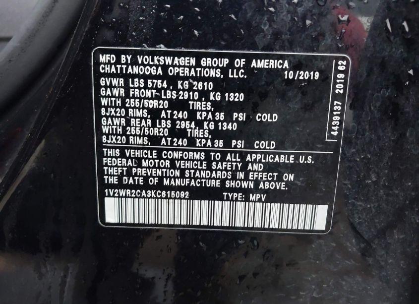 Photo 9 of 2019 Volkswagen Atlas 3.6L V6 SE W/TECHNOLOGY (VIN 1V2WR2CA3KC615092)