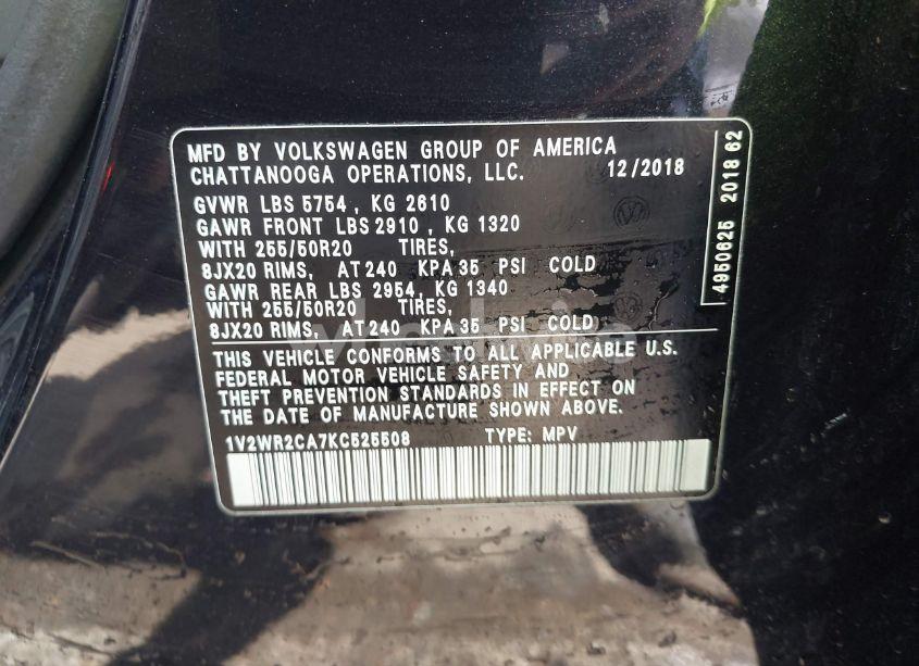 Photo 9 of 2019 Volkswagen Atlas 3.6L V6 SE W/TECHNOLOGY (VIN 1V2WR2CA7KC525508)