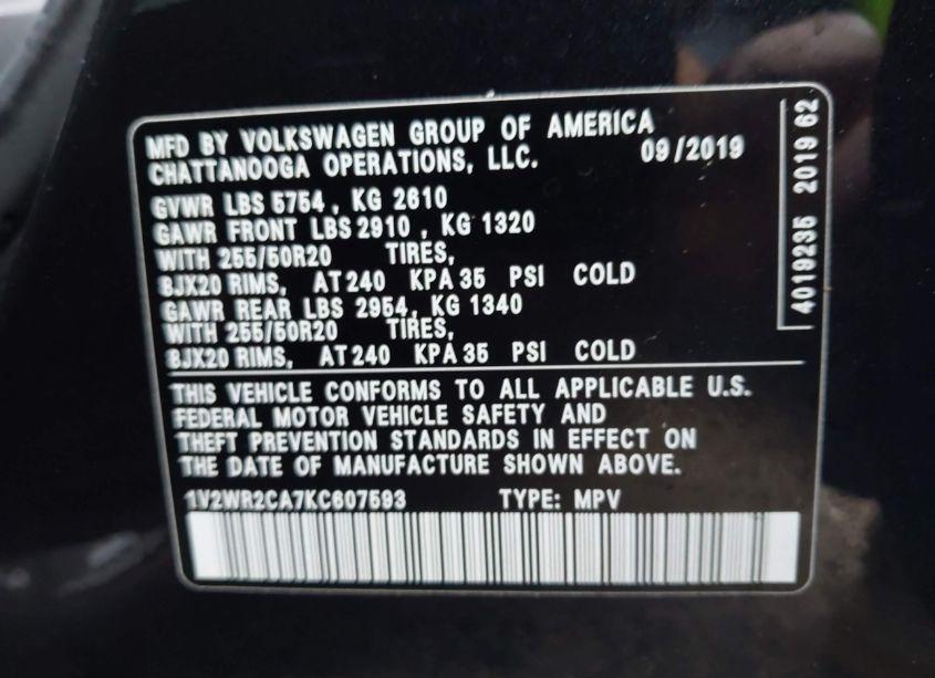 Photo 9 of 2019 Volkswagen Atlas 3.6L V6 SE W/TECHNOLOGY (VIN 1V2WR2CA7KC607593)