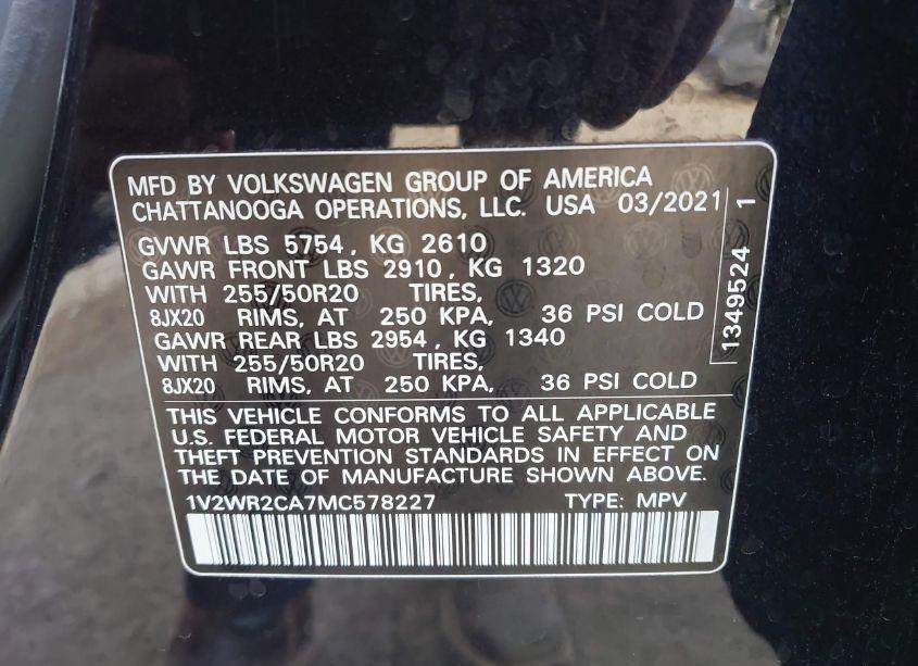Photo 9 of 2021 Volkswagen Atlas 3.6L V6 SE W/TECHNOLOGY (VIN 1V2WR2CA7MC578227)