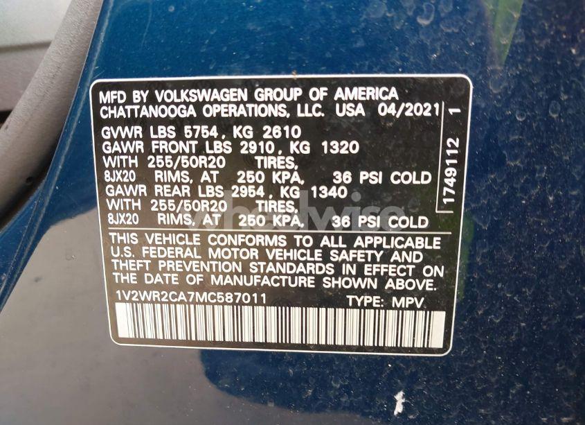 Photo 9 of 2021 Volkswagen Atlas 3.6L V6 SE W/TECHNOLOGY (VIN 1V2WR2CA7MC587011)