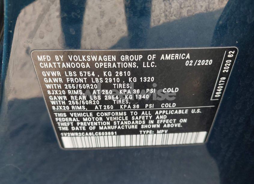 Photo 9 of 2020 Volkswagen Atlas 3.6L V6 SE W/TECHNOLOGY (VIN 1V2WR2CA8LC503891)