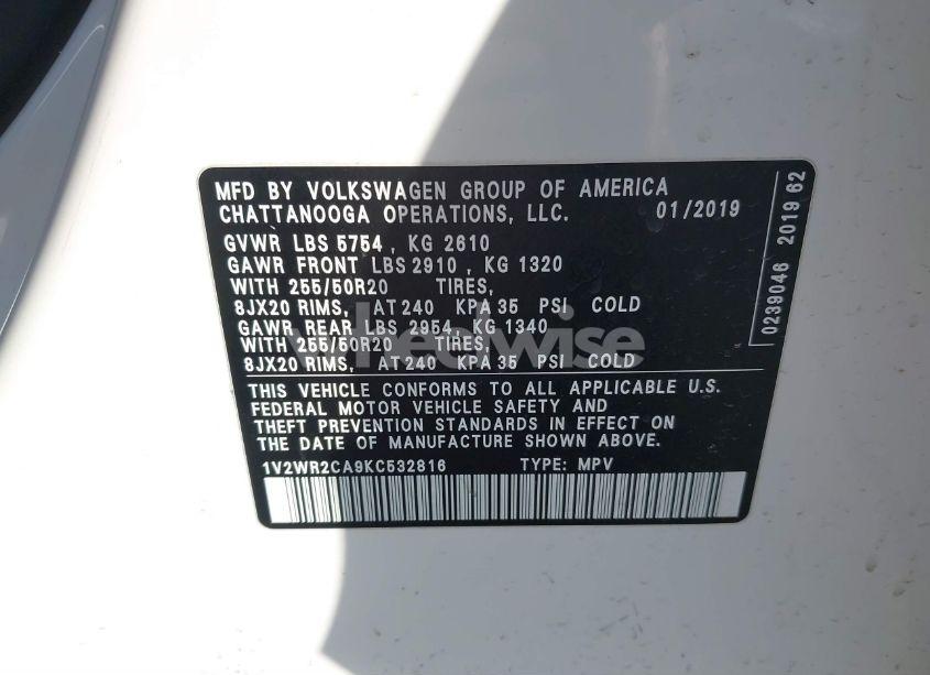Photo 9 of 2019 Volkswagen Atlas 3.6L V6 SE W/TECHNOLOGY (VIN 1V2WR2CA9KC532816)
