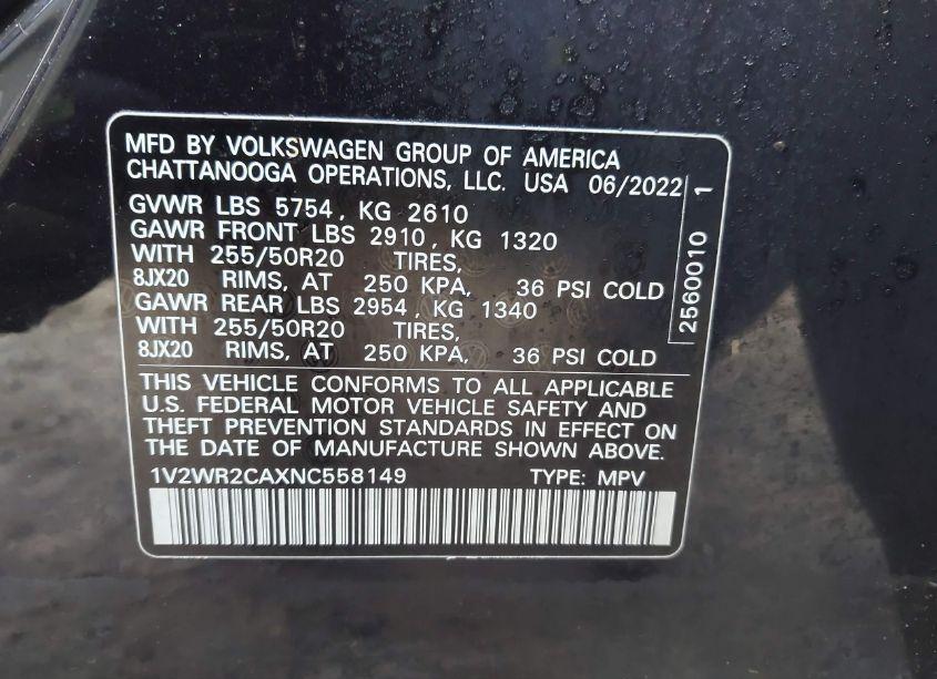 Photo 9 of 2022 Volkswagen Atlas 3.6L V6 SE W/TECHNOLOGY (VIN 1V2WR2CAXNC558149)