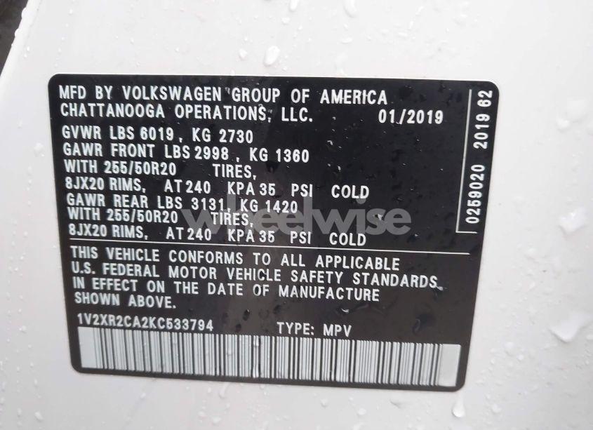 Photo 9 of 2019 Volkswagen Atlas 3.6L V6 SE W/TECHNOLOGY R-LINE (VIN 1V2XR2CA2KC533794)